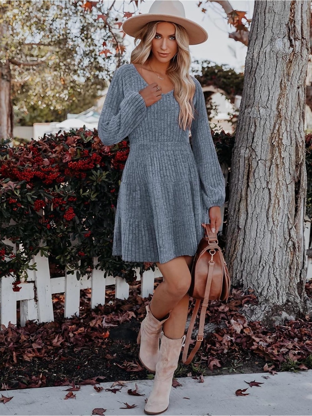 NWT LUXVEER Women Medium Light Blue Ribbed V-Neck Tiered Babydoll Sweater Dress